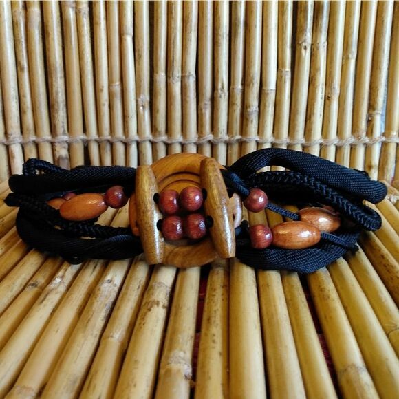 NWOT Black Weaved Strapped Fabric Belt Sliding Wood Beads Circle Center 30 in. - Picture 1 of 12